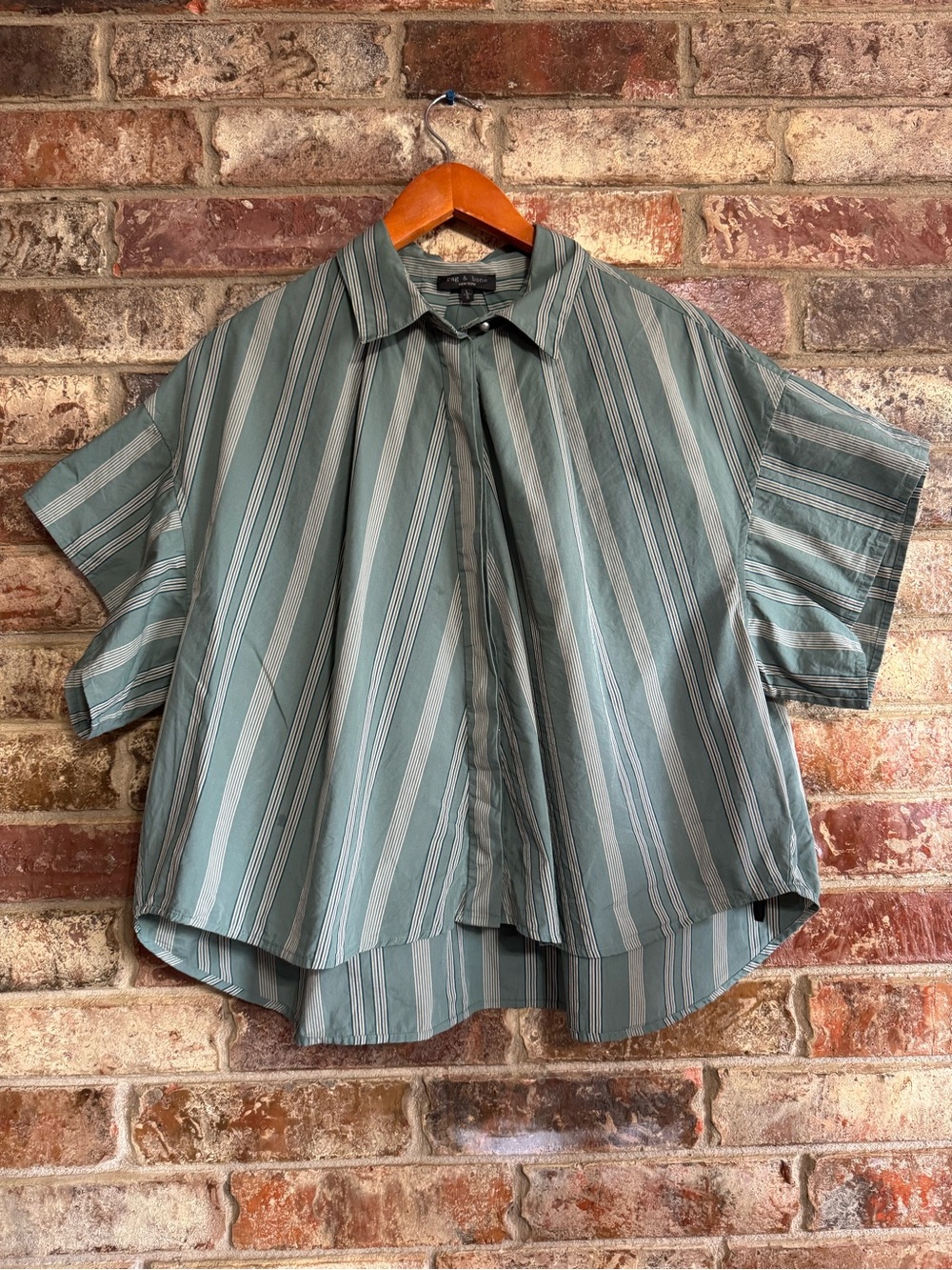 Rag & Bone Green Stripe Martha short sleeve poplin